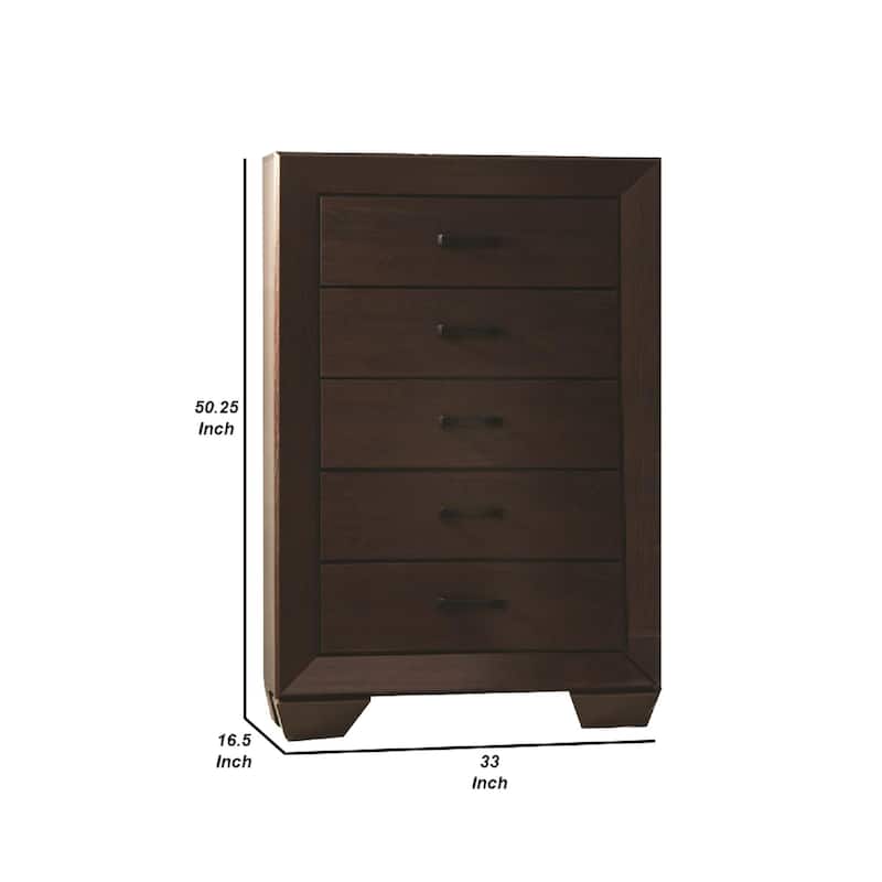 Wooden Transitional Five Drawer Chest, Dark Cocoa Brown