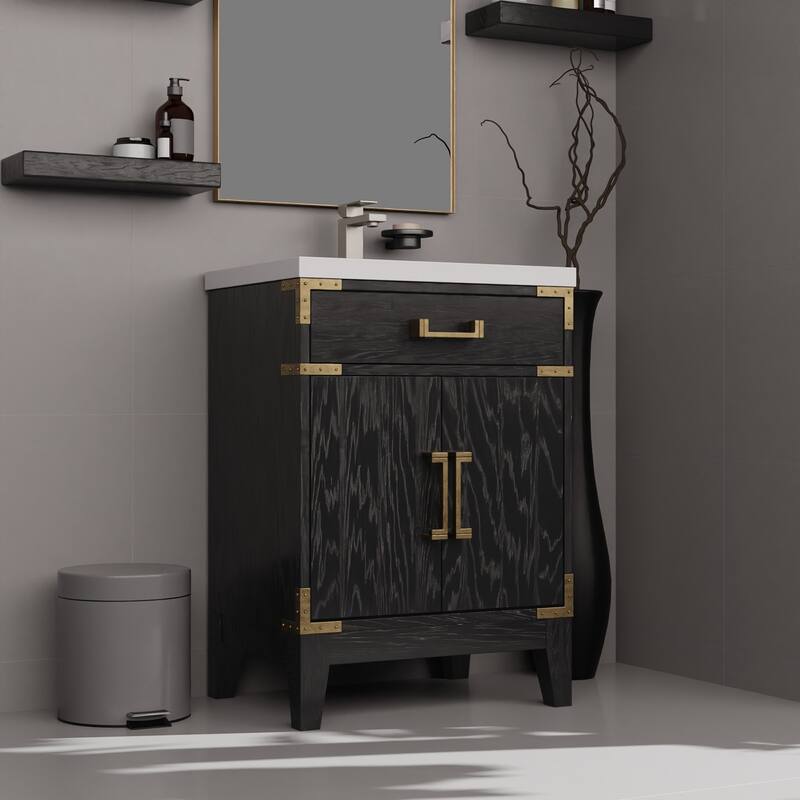 24" Bathroom Vanity with Acrylic Top, 18" Frameless Mirror, and Chrome Gooseneck Faucet for Modern Bathrooms
