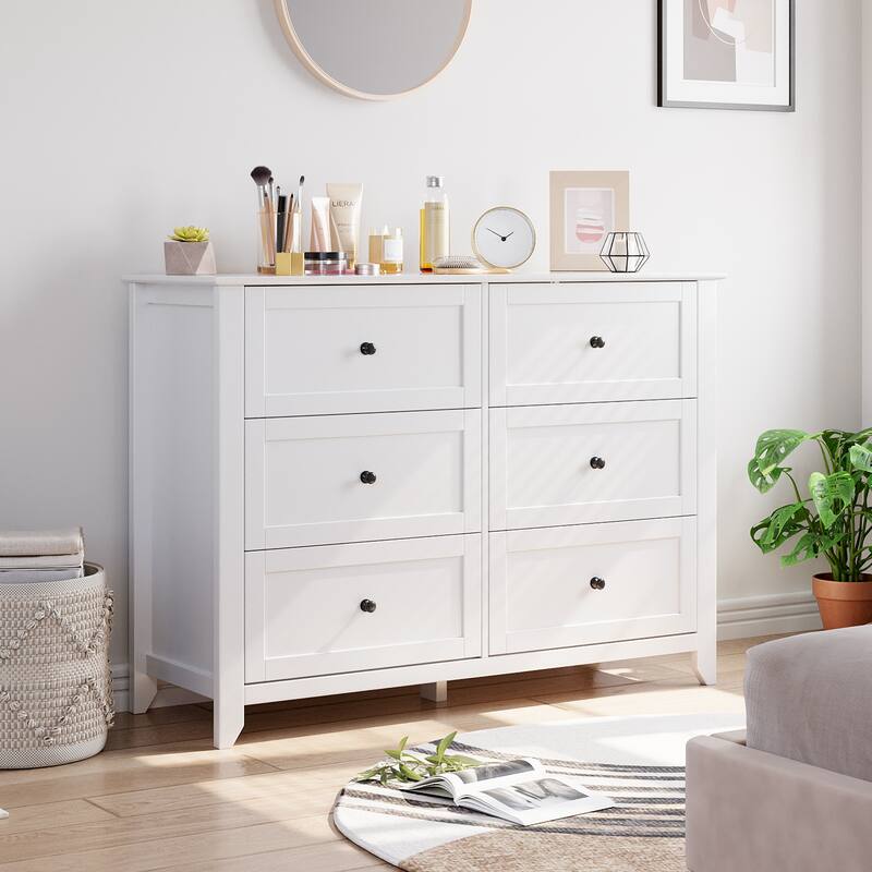 6 Drawers Cabinet,Wood Double Chest of Dresser Wide Storage Organizer