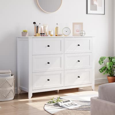 6 Drawers Cabinet,Wood Double Chest of Dresser Wide Storage Organizer