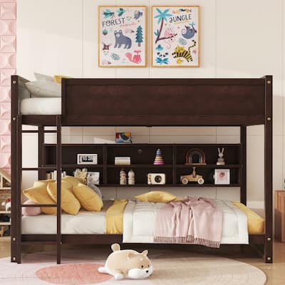 Queen Over Queen Bunk Bed with Built-in Storage Cabinets and Charging Station