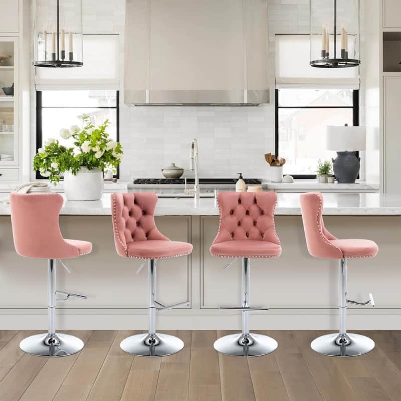 Velvet Upholstered Nailheads Tufted Swivel Bar Stools (Set of 6) - Pink BlackBase Set of 4