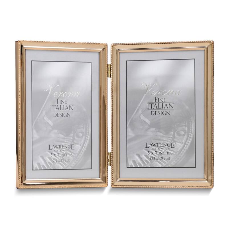 Curata Gold-Tone Portrait Hinged Polished Beaded 5x7 Double Photo Frame