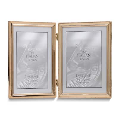 Curata Gold-Tone Portrait Hinged Polished Beaded 5x7 Double Photo Frame