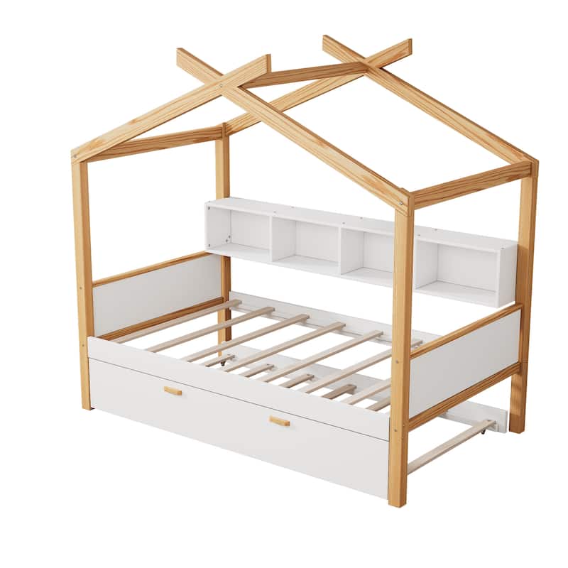 House-shaped Bed Frame for Bedroom Kids Boys Girls Daybed with Side Bookcase, Available with Trundle Bed or Storage Drawers
