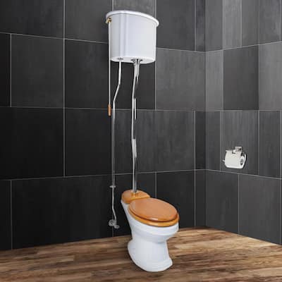 High Tank Toilet - Light Oak Raised Tank, White Round Bowl and Brass L Pipes Renovators Supply