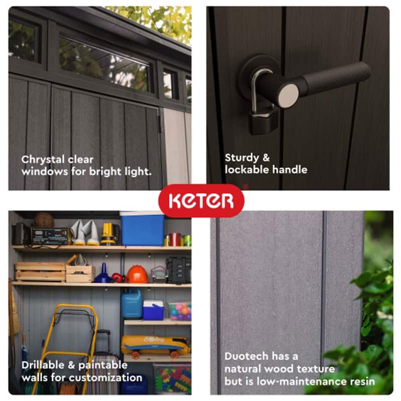 Keter Artisan 7 x 7 FT. Modern and Elegant Resin Outdoor Storage Shed With Floor for Patio Furniture and Tools, Grey - 7x7