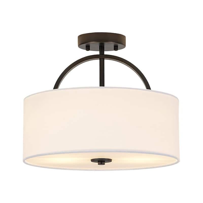 Contemporary 2-Light White Linen Drum Semi Flush Light 15in Wide