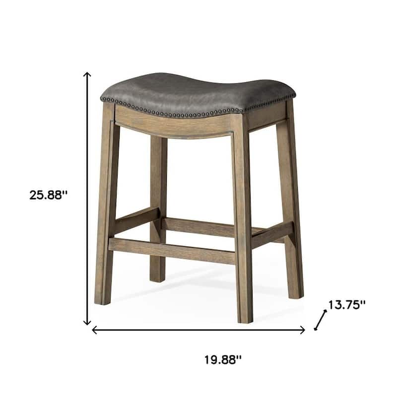 HomeRoots 26" Stone and Oak Faux Leather and Solid Wood Backless Counter Height Bar Chair