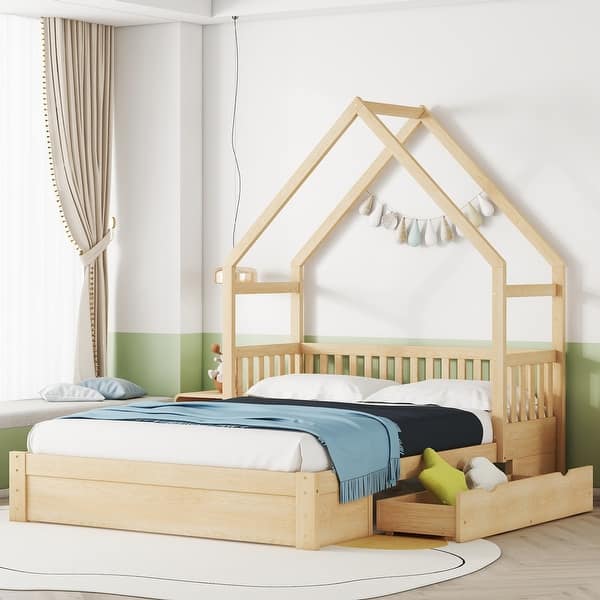 slide 2 of 24, Queen Wood House Bed with Guardrails and 2-Storage Drawers, Natural Natural