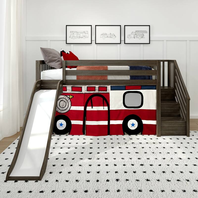 Max and Lily Classic Twin Low Loft with Stairs, Easy Slide and Curtain