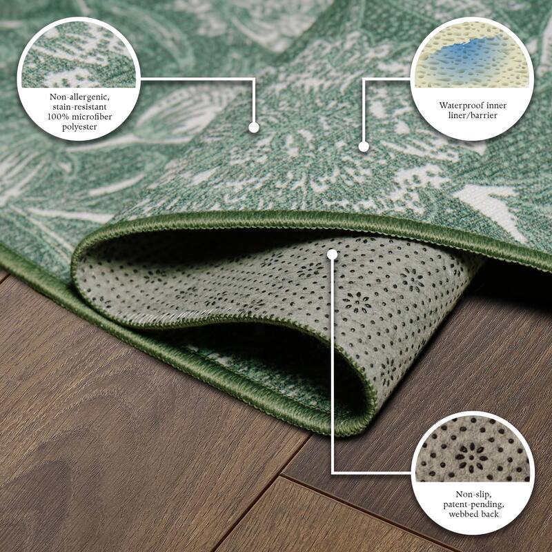 My Magic Carpet Kalini Floral Green Machine Washable Rug