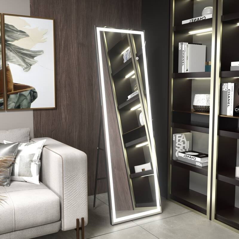 KIOTEE Aluminum Alloy Frame Led Lighted Tempered Glass Full Length Mirror With 3 Color Temperature & Brightness Adjustment - 67x20