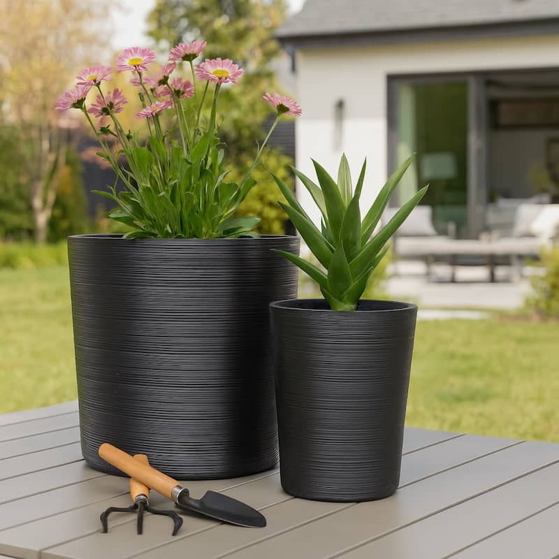 Polyresin Planter Ribbed Texture Home Use (Set of 2) - 21", 19" Black - 21" x 21" x 21"