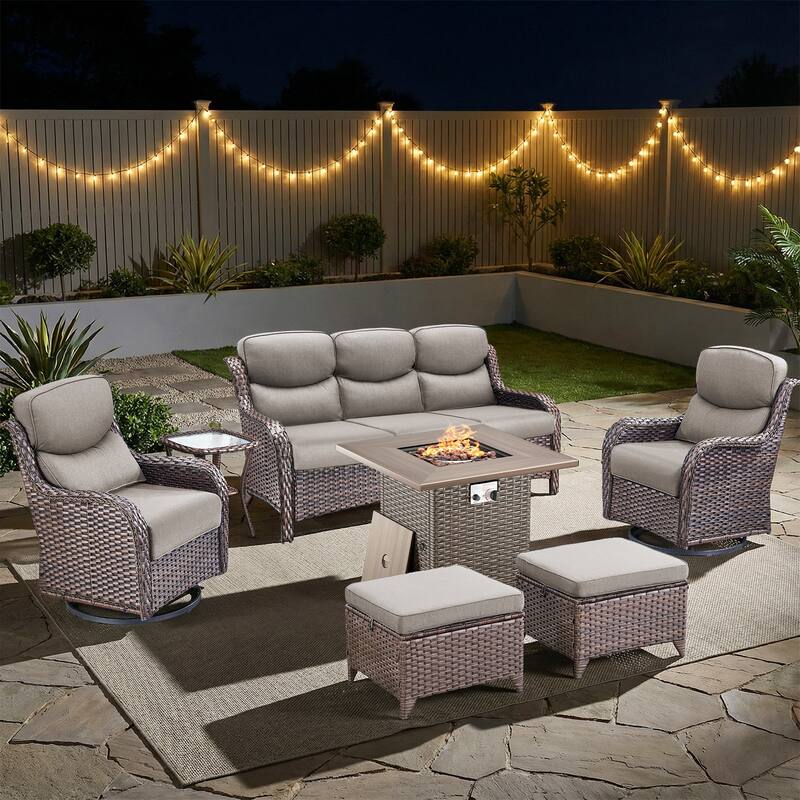 Pocassy Outdoor Propane Fire Pit Table with Sofa Swivel Chair Funiture Set. - Brown Wicker Gray Cushion - 7-Piece Sofa Swivel Chair Ottoman w/ Fie Table