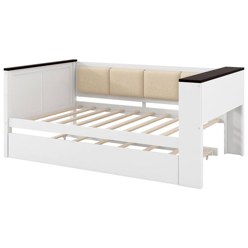 GDFStudio - Modern Wooden Twin Daybed with Storage Shelves, USB and Trundle