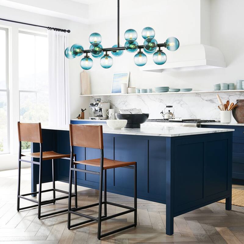 16-Light Modern Linear Cluster Gradient Blue Glass Globe Bubble Chandelier - 36.2 in. W x 11 in. H
