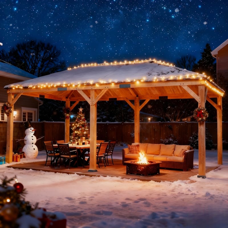 Hardtop Wood Gazebo for Patio, Outdoor Cedar/Spruce Pergola with Metal or Asphalt Roof, All-Weather Backyard Shelter