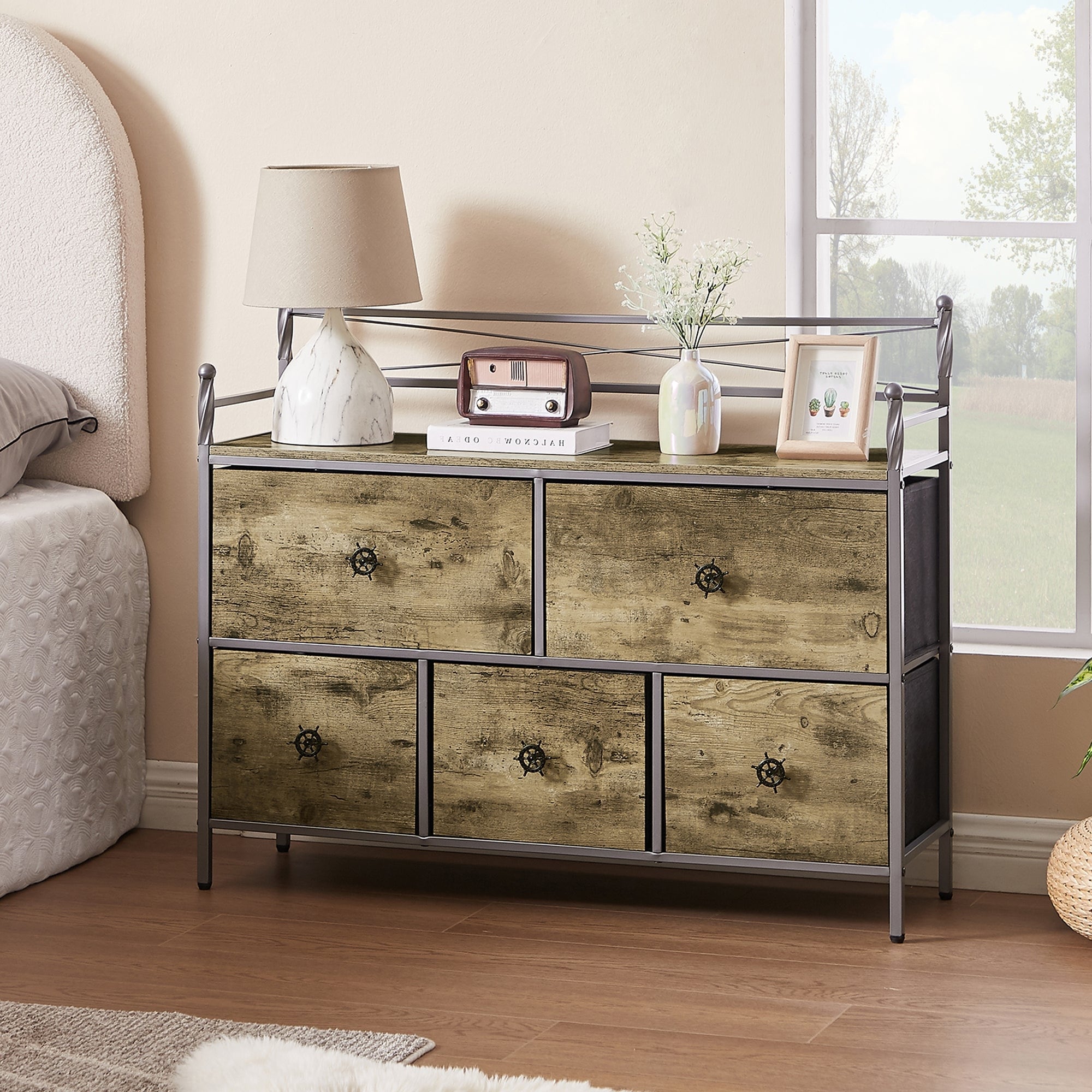 VECELO 5-drawer Dressers Storage Chest with 5 Removable Baskets Metal Frame and Wood Top for Living Room Entryway