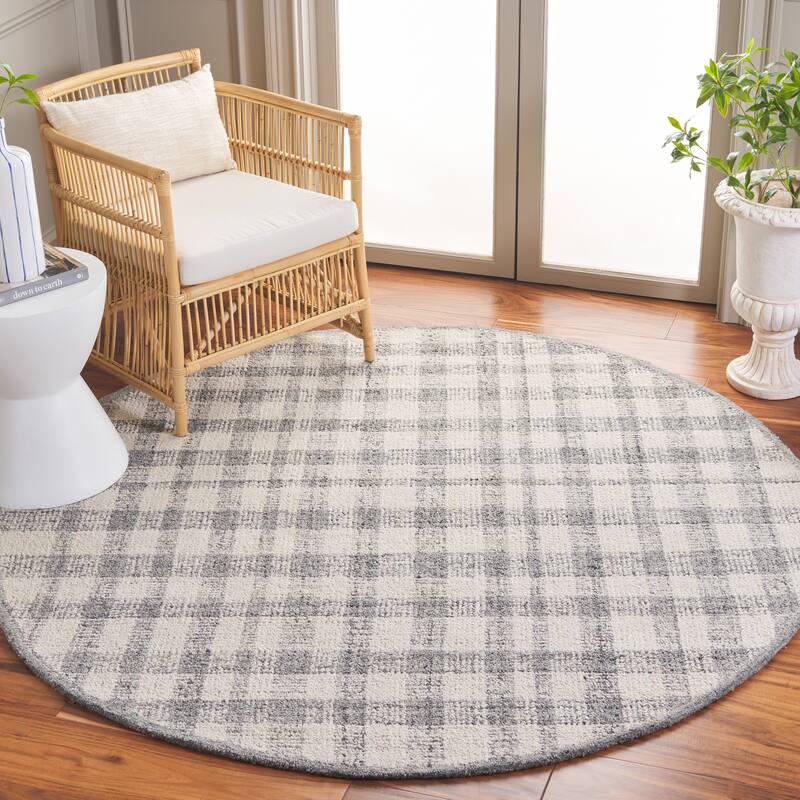 SAFAVIEH Handmade Abstract Imka Checkered Wool Rug - 6' Round - Ivory/Grey