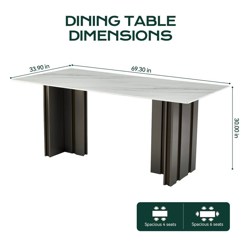 69 Inch Rectangular Dining Table with Marble Texture Glass Top for 4-6 People