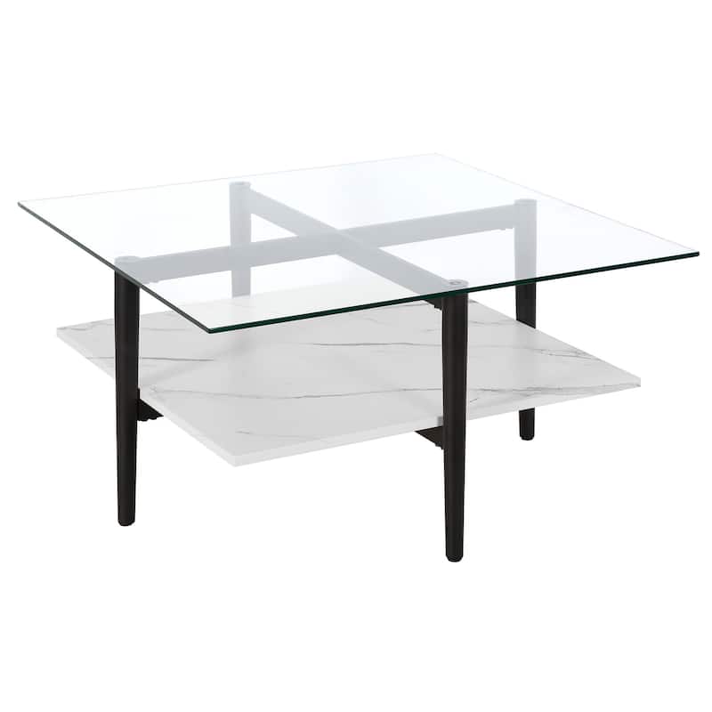 32" Square Modern Coffee Table with Glass Top and Metal Legs Lower Shelf Storage for Living Room - 32"L x 32"W x 17"H