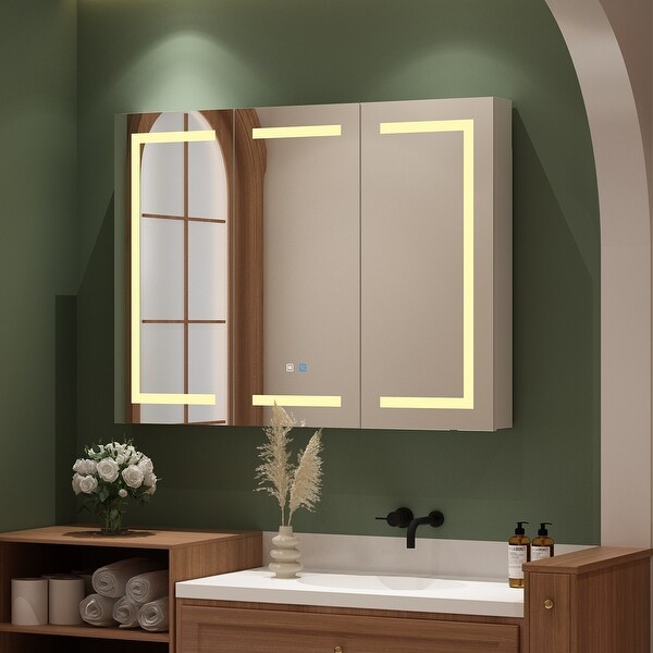 Lighted bathroom mirror with storage top
