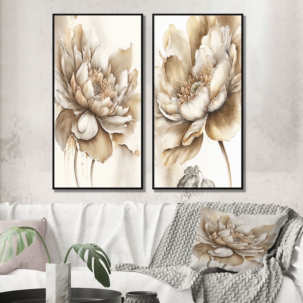 Designart "Indigold Beige Flower III" Floral Framed Wall Art Set Of 2 - Beige Gallery Wall Set For Home Decor
