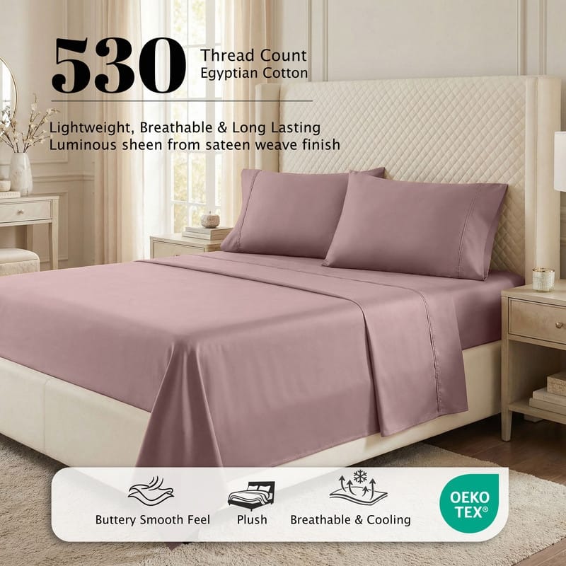 Superior Egyptian Cotton 530 TC Sheet Set Sateen Weave, Deep Pocket, Ultra‑Soft & Breathable Bedding