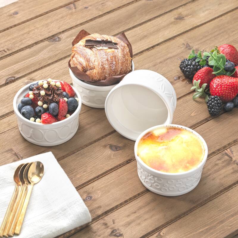 JoyJolt White Embossed Porcelain Ramekins - Set of 4
