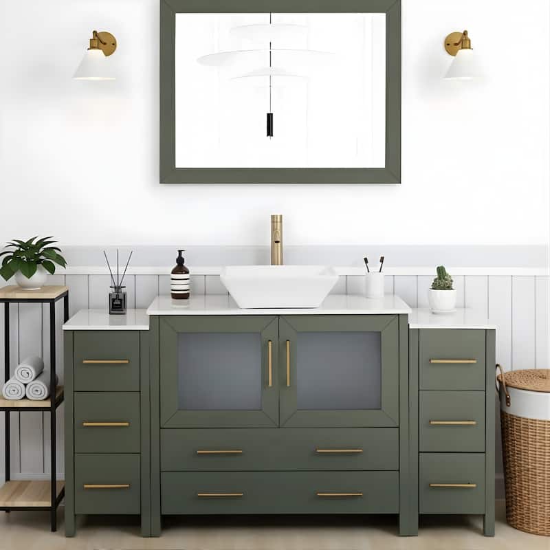 Vanity Art 60-inch Single Sink Bathroom Vanity Set With Engineered Marble Top and Free Mirror - 60 x 18.5 x 36 Inches - Vintage Green