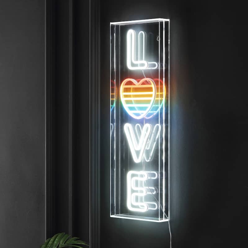 LOVE 8" X 24" Contemporary Glam Acrylic Box USB Operated LED Neon Light, White/Rainbow by JONATHAN Y - 8" X 24"