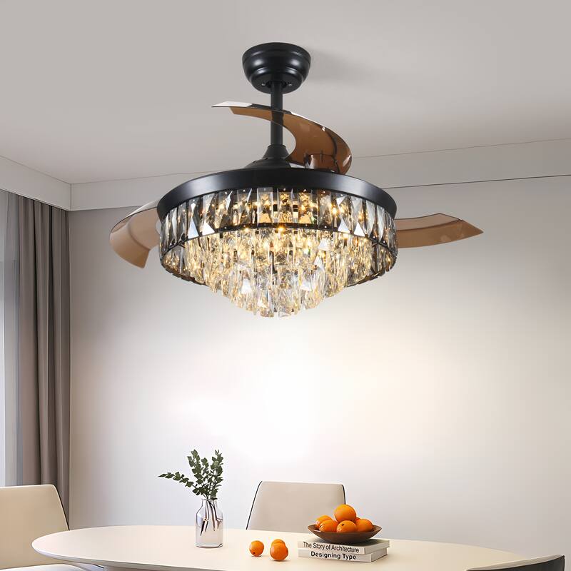 42 inch Chandelier Ceiling Fan Retractable with Light Remote 6 Speed 3 LED Crystal Black Bedroom