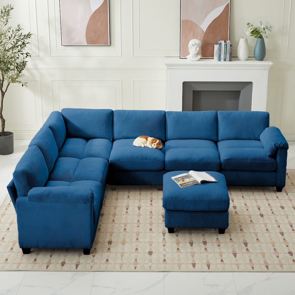 Corduroy Corner Sectional Sofas with a Removable Ottoman, L-shaped Reversible 7-seat Modular Couch