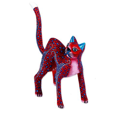 Novica Handmade Crimson Cat Wood Alebrije Sculpture