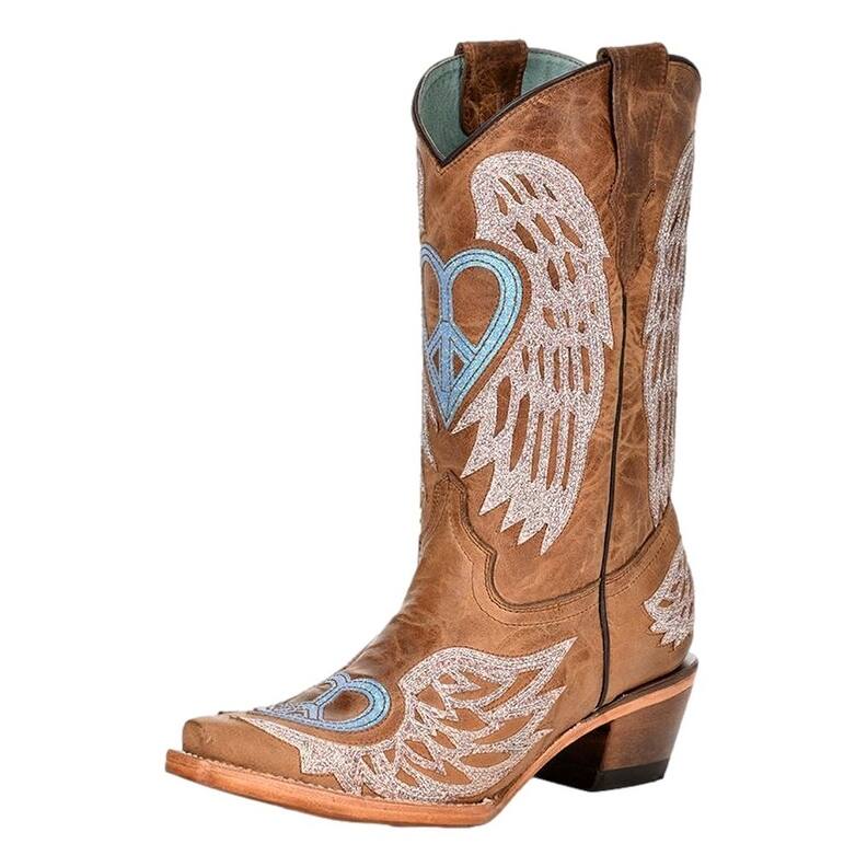 Corral Western Boots Girls Glitter Heart & Wings Overlay Brown T0144