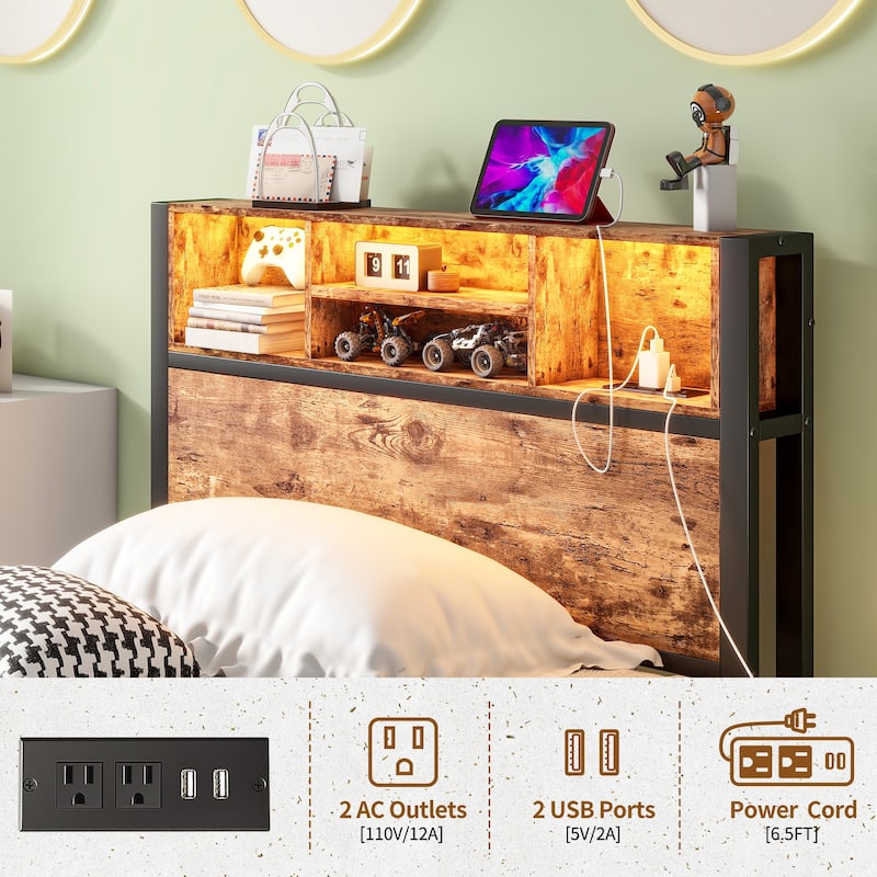Twin Size Metal Bed Frame with Storage Headboard, Charging Station, and RGB LED Lights