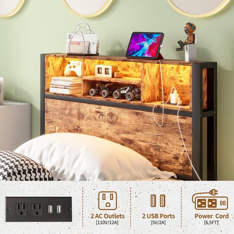 Twin Size Metal Platform Bed Frame with Storage Headboard, Charging Station & Bookcase Storage, Easy Assembly