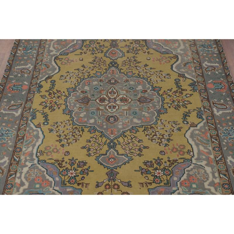Tabriz Persian Vintage Rug Traditional Yellow Handmade Wool Carpet - 6'3" x 9'4"
