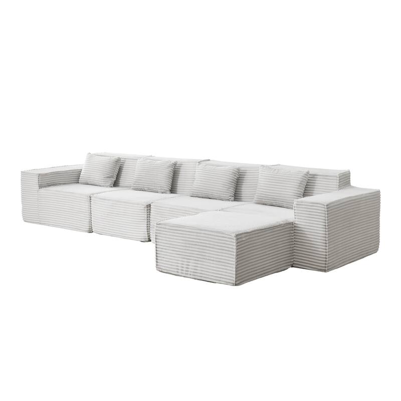 L-Shaped Modular Sectional Sofa with Ottoman, Striped Corduroy Deep Seat Cloud Couch, Large 4-Seat Corner Sofa