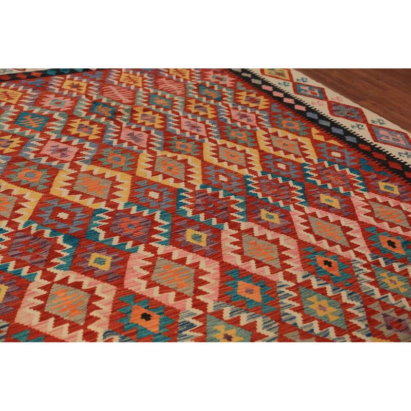 Geometric Kilim Reversible Area Rug Hand-Woven Orange Wool Carpet - 8'3"x 11'0"