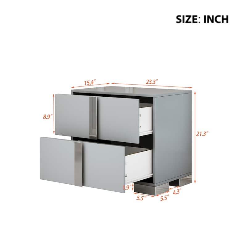 Elegant Nightstand w/Metal Handle,Mirrored Bedside Table w/2 Drawers - Grey