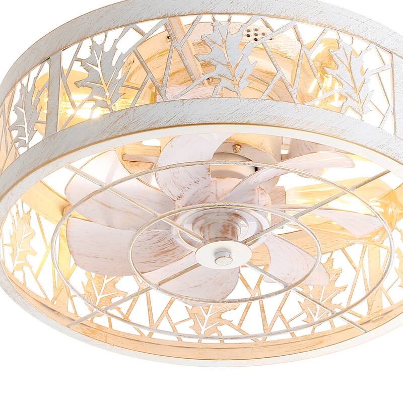 16.5" Vintage Distressed White 7-Blade Caged Ceiling Fan with Remote and Light
