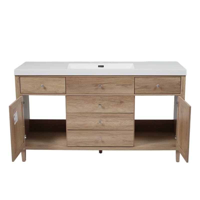60" Bathroom Vanity with SMC Sink Bathroom Storage Cabinet with 5 Soft Close Drawers and Rattan Doors