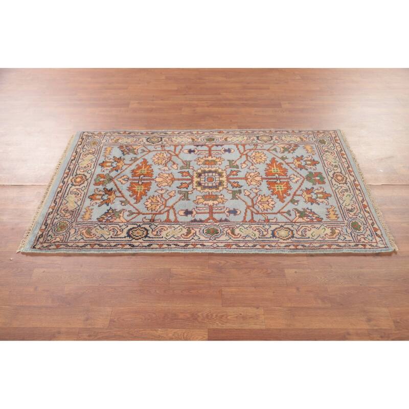 Light Blue Heriz-Serapi Accent Rug Hand-Knotted Floral Wool Carpet - 2'11"x 5'1"