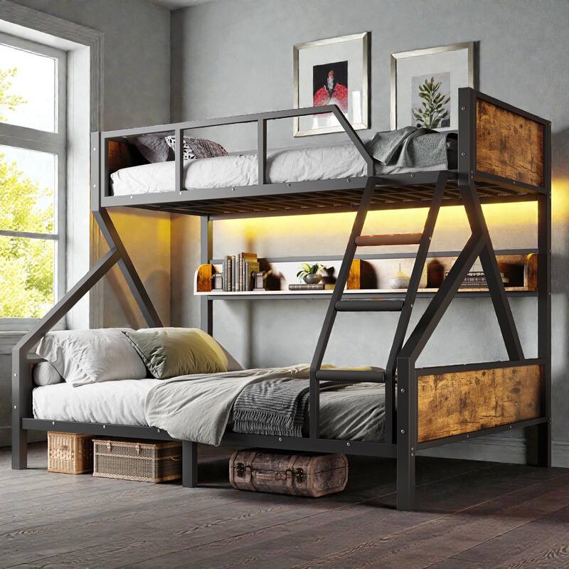 Space-Saving Metal Bunk Bed with Shelves, LED Strip Lighting, Guardrails and Woodgrain Panels, Multiple Size Options