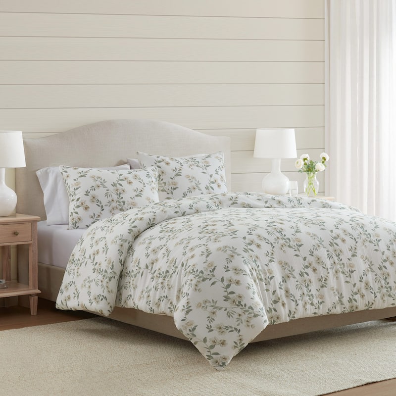 Martha Stewart Hazel Floral Beige Cotton Duvet Cover Set