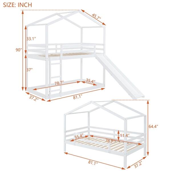 Twin Over Twin Bunk Bed with Roof, Slide & Ladder, Solid Pine Wood House Bed w/Full Length Railings, Multiple Installation,White