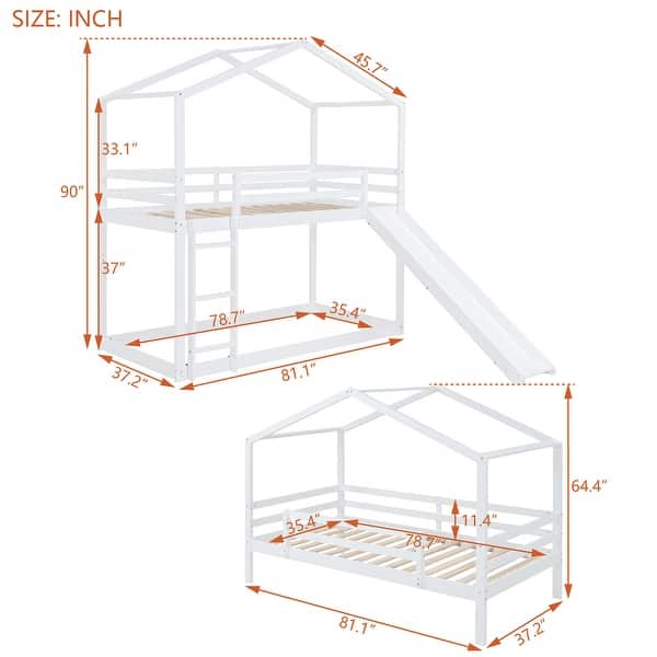dimension image slide 1 of 3, Twin Over Twin Wood House Bunk Bed with Roof, Slide and Ladder