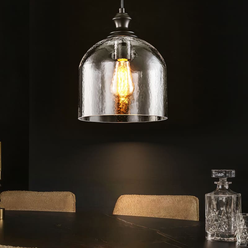 1-Light Modern Industrial Dome Pendant Light with Bell Shape Clear Hammered Glass and Adjustable Hanging Height